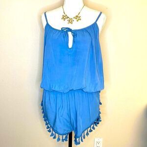 Summer Blue Romper Spaghetti Straps Tassel at Legs Front Tie Elastic Waist S